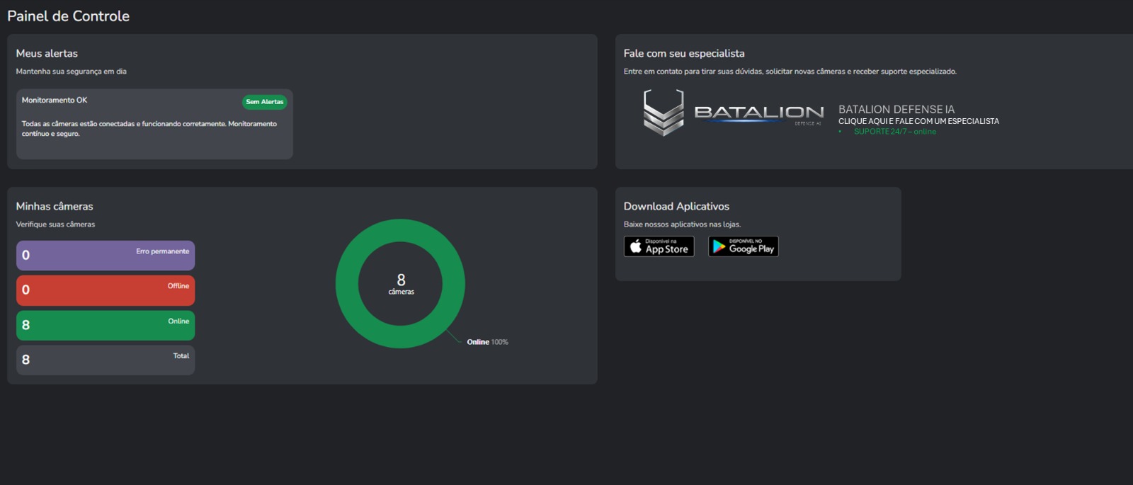 Painel de controle do cliente com alertas, status das câmeras e opção de download do app
